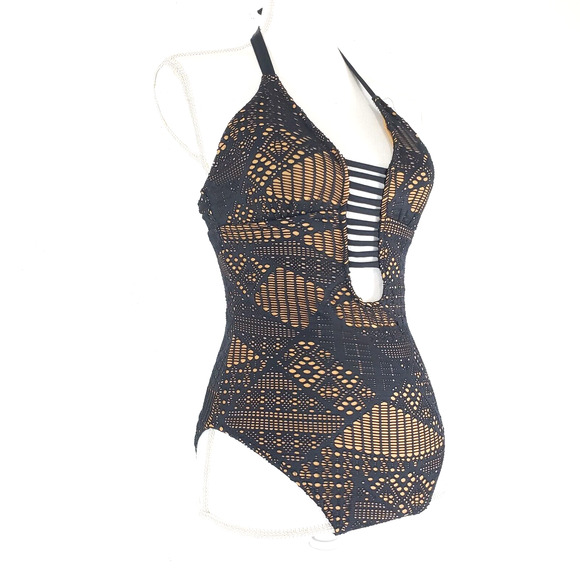 NEW!! Mossimo SIZE S Lace Crochet Overlay Halter One Piece Swimsuit Black Cute - Picture 2 of 12